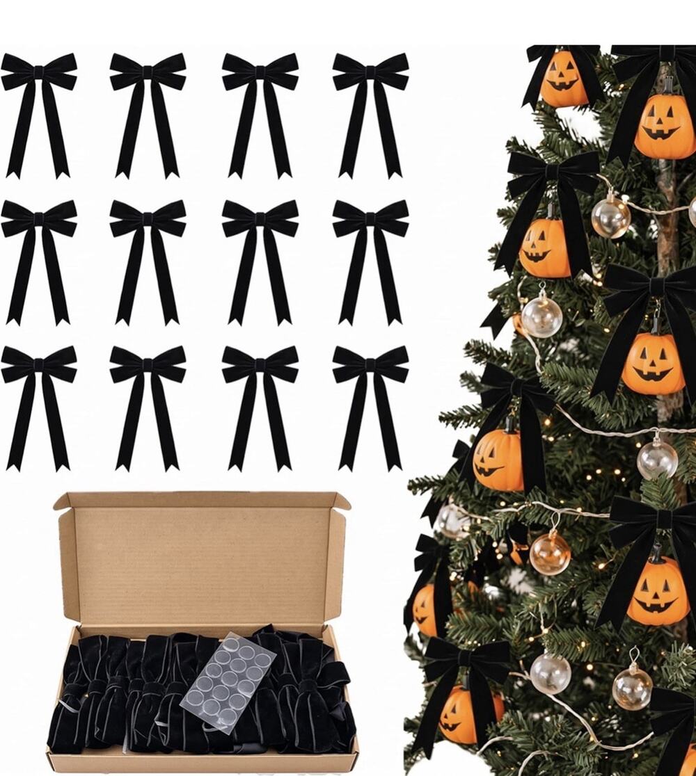 Large Black Velvet Halloween Bows Wreath Tree Topper Gothic Spooky Party Decor